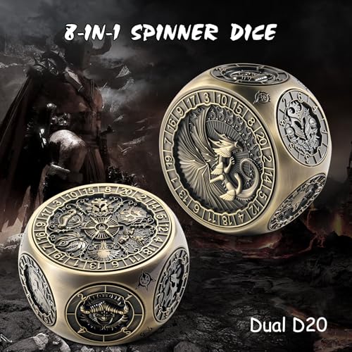DNDND 8-in-1 Spinner Dice with Dual D20 - Hexagonal Metal D&D Monster Themed Dice Set for TTRPG Dungeons and Dragons, Dungeon Masters with Collectible Gift Tin (Brass) - color: Brass