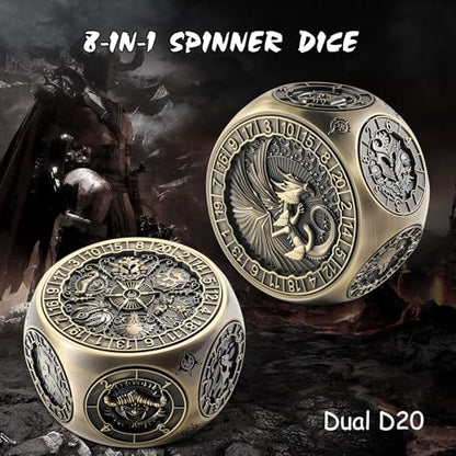 DNDND 8-in-1 Spinner Dice with Dual D20 - Hexagonal Metal D&D Monster Themed Dice Set for TTRPG Dungeons and Dragons, Dungeon Masters with Collectible Gift Tin (Brass) - color: Brass