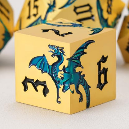 Dungeons and Dragons Dice D&D Metallic Dragon Sharp Edged Dice Set with Box, Polyhedral DND Role Playing Game D and D Dice Set D20 D12 D10 D8 D6 D4 Pearl Gold Blue - color: Dragon-pearl Gold Blue