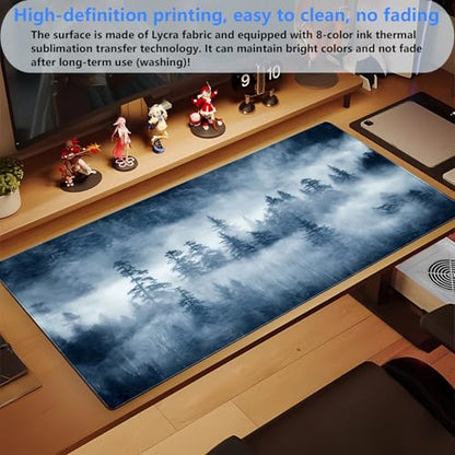 Misty Forest Desk Mat, Pine Tree Large Gaming Mouse Pad 31.5x15.7 in | Calming foggy forest nature desk pad with soft 3mm cushion, smooth fabric top, and non-slip natural rubber base. - color: Misty Forest