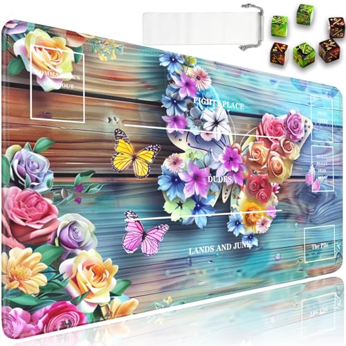 JVGFYNKL for MTG Playmat, 24 x 14 in for TCG Playmat with Zones,Trading Card Game Playmats with Storage Bag and 6 Dice, for MTG Table Mat Card Accessories, Woodblock Flower Butterfly - color: JV-Playmat-5K-4-F150