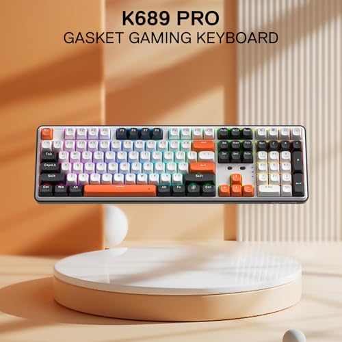 Redragon K689 PRO Wireless 108-Key Gasket RGB Gaming Keyboard, 4 Hotkeys | Extra Shortcut Keys, 0-Delay Tri-Mode, Cushioned Noise Dampening for Creamy Thocky Sound, Unfaded PBT Keycaps, PRO Software - color: Black Tangerine