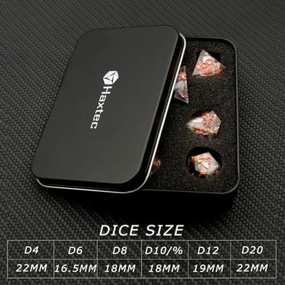 Haxtec Earth Landscape DND Dice Set Sharp Edge Resin Polyhedral Dice, Black D&D Dice with Metal Case, Handmade Gold Flake Inside Dice Set for Dungeons and Dragons TTRPG, Black White Copper DND Gift - color: Black White