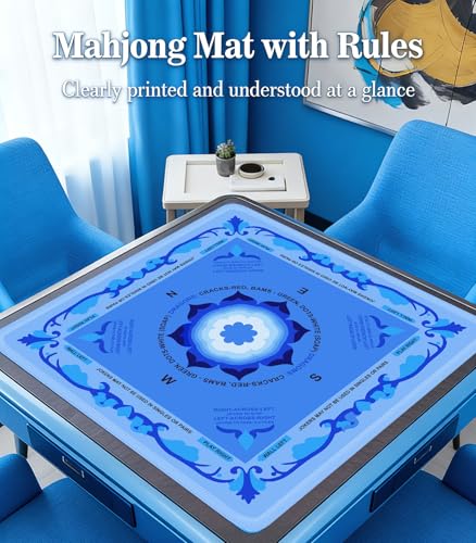 Neoprene Mahjong Mat with Rules, 33 x 33 in, Non-Slip, Blue | Noise-reducing table mat with carrying bag and 3 dice; for cards, poker, board games, tile games and dominoes - color: 33" Blue, size: 33"