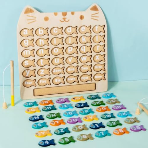 Magnetic Alphabet Numbers Fishing Game, Wooden ABC Letter Numbers Uppercase Lowercase Matching Puzzle Fine Motor Montessori Educational Toy for Preschool 3 4 5 Year Old Toddlers - style: alphabet & number fishing