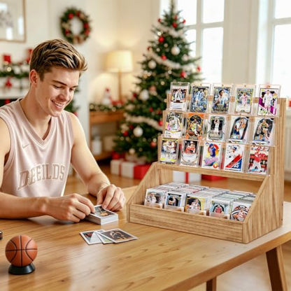 Emfogo Trading Card Display, 3-Tier Card Display Stand with 5-Row Storage, Wooden Graded Card Display, Large Capacity Sports Cards Display Case for Cards Game Collection (Brown) - color: Brown