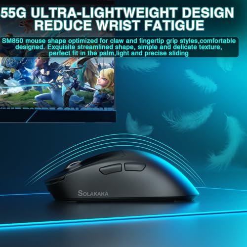 SOLAKAKA SM850 Gaming Mouse Wireless, 24000 DPI, 55g Lightweight Mouse Gaming, 6 Programmable Buttons, Ergonomic Computer Mouse, Tri-Mode BT5.1/2.4G/USB-C 250h Battery Life PC Gamer Mice for Laptop - color: Black, style: NO-RGB SM850
