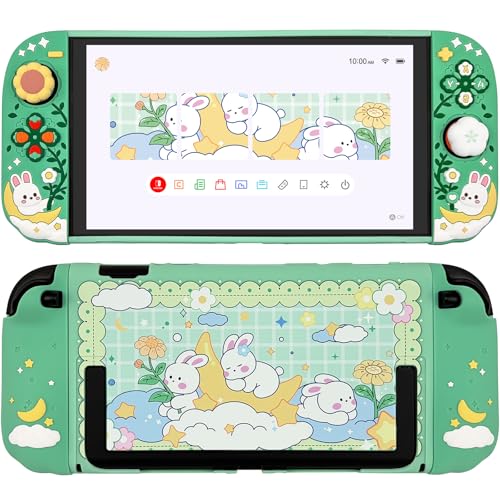 Protective Case for Nintendo Switch 2, Hard Back Shell + 2 Silicone Anti-Slip Controller Covers + 2 Joystick Caps, Rabbit and Flower Cover, Green - color: Green