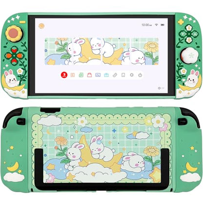 Protective Case for Nintendo Switch 2, Hard Back Shell + 2 Silicone Anti-Slip Controller Covers + 2 Joystick Caps, Rabbit and Flower Cover, Green - color: Green