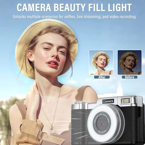 Yatao Digital Cameras for Photography and Vlogging, 4K 64MP Flip Screen, Use with LED Light, 64GB TF Card, Compact Photo WiFi Camera for YouTube Kit Travel, Beginners (Silver-Black)
