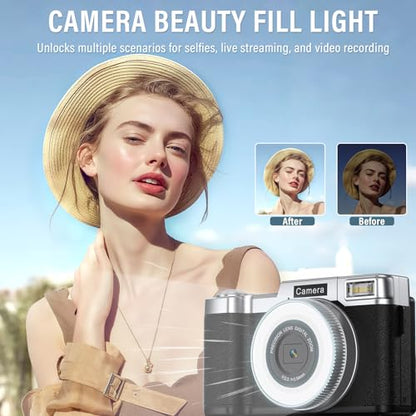 Yatao Digital Cameras for Photography and Vlogging, 4K 64MP Flip Screen, Use with LED Light, 64GB TF Card, Compact Photo WiFi Camera for YouTube Kit Travel, Beginners (Silver-Black)