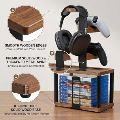 Solid Wood Headphone Stand & Controller Holder with Video Game Storage Base | 4-in-1 Gaming Equipment Accessories for Xbox one/PS5/PS4 Controller - Save Desk Space for Gamer Room and Decor Gift for Men