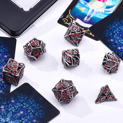 AUSTOR Metal DND Dice Set 7 Pieces Leaf DND Dice Hollow Polyhedral Dice D20 D12 D10 D% D8 D6 D4 Metal Dice with Metal Box for Dungeons & Dragons RPG Board Games (Tin & Blood) - color: Antique Tin & Blood Spattered
