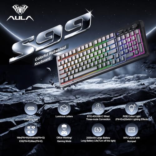 AULA Keyboard Gaming Wireless Creamy Computer Keyboards with Number Pad | Side-printed Light Transmission Letters Keyboard,99 Keys,RGB Backlit,Tri-Mode BT/2.4GHz/USB-C Connection,Gradient Grey - color: Gradient Grey