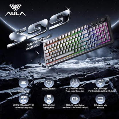 AULA Keyboard Gaming Wireless Creamy Computer Keyboards with Number Pad | Side-printed Light Transmission Letters Keyboard,99 Keys,RGB Backlit,Tri-Mode BT/2.4GHz/USB-C Connection,Gradient Grey - color: Gradient Grey