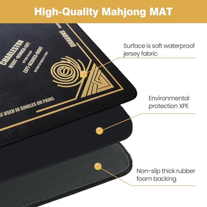 Mahjong Mat - 33"x33" Mah jongg Mat with Rules for American Mah jong(Black) | Noise Reduction Non-Slip Mahjong Mat for Table, Gaming Mat + Carrying Bag & 3 Dice for Mah jongg Tile Set Games/Card/Dominoes - color: Black