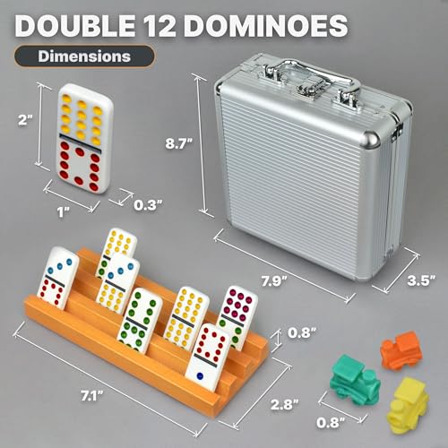 Mexican Train Dominoes Set with 4 Holders - Dominoes Double 12 with Wooden Hub and Tiles Holders - Double 12 Dominos Set for Family Game Night for Adults and Kids Ages 8 and up (D12 + 4 Holders) - style: D12 + 4 Holders