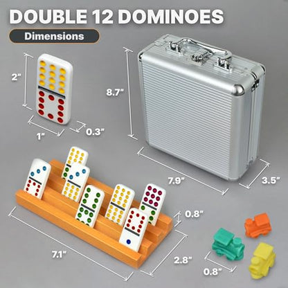 Mexican Train Dominoes Set with 4 Holders - Dominoes Double 12 with Wooden Hub and Tiles Holders - Double 12 Dominos Set for Family Game Night for Adults and Kids Ages 8 and up (D12 + 4 Holders) - style: D12 + 4 Holders
