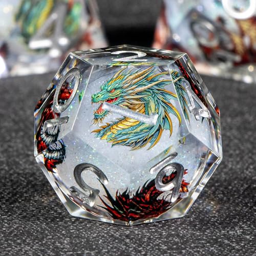 KERWELLSI Liquid Core Dragons Pattern Dice, Resin DND Dice Set with Gift Box, White Sharp Edged Dungeons D&D Dice, Role Playing Game Dice D20 D12 D10 D8 D6 D4 - color: White