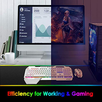 Wireless Gaming Keyboard and Mouse,RGB Backlit Rechargeable Keyboard Mouse with 5000mAh Battery Metal Panel,Removable Hand Rest Mechanical Feel Keyboard and 7 Color Gaming Mute Mouse for PC Gamers - color: White RGB