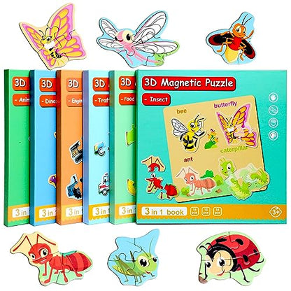 Magnetic Puzzles for Kids Ages 3-5, Travel Toddler Insect Puzzle Toy | Refrigerator Magnet Game for Ages 4-6, Learning & Birthday Gift for Boys, Car & Airplane Road Trip Quiet-Time Activity Toys - style: Insect