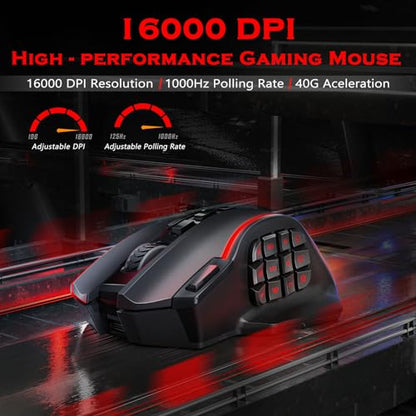 Redragon Wireless Gaming Mouse, MMO Gaming Mouse UP 16,000 DPI, 16 Macro Programmable Buttons, RGB Rechargeable with 12 Side Buttons, 70Hrs for PC Laptop MOBA FPS, M901P-KS - color: black