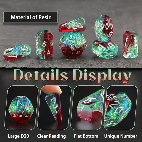 FONVGOGO Resin DND Dice, Dungeons and Dragons Dice Set DND with Box Polyhedral D and D Dice 7 Piece Role Playing Dice（Green and Silver） - color: S Green and Silver