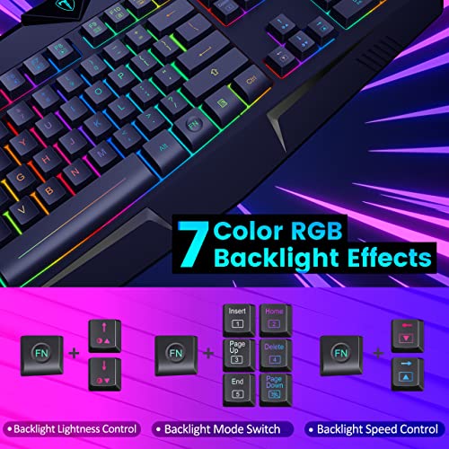 Gaming Keyboard, Full Size RGB Backlit Quiet Computer Keyboard, Wrist Rest, Silent Keys, Multimedia Keys, Anti-ghosting, Waterproof Light Up USB Wired Keyboard for PC Mac Xbox Gamer Office | Quiet Computer Keyboard, Wrist Rest, Silent/Multimedia Keys, Ant