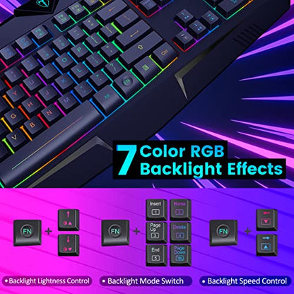 Gaming Keyboard, Full Size RGB Backlit Quiet Computer Keyboard, Wrist Rest, Silent Keys, Multimedia Keys, Anti-ghosting, Waterproof Light Up USB Wired Keyboard for PC Mac Xbox Gamer Office | Quiet Computer Keyboard, Wrist Rest, Silent/Multimedia Keys, Ant
