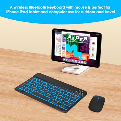LAMA 7 Colors Backlit Bluetooth Keyboard and Mouse Combo for iPad Pro/Air/Mini, Ultra-Slim Rechargeable Wireless Keyboard and Mouse for iPhone 15/14/13 Pro/Samsung/Tablet/PC/Laptop/iOS/Windows/Android - color: Black