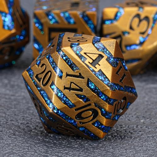 Premium Inlay Metal Dice Set, Heavy Zinc Alloy DND Dice for Serious RPG Players - color: Ancient Gold+blue