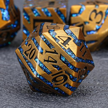 Premium Inlay Metal Dice Set, Heavy Zinc Alloy DND Dice for Serious RPG Players - color: Ancient Gold+blue