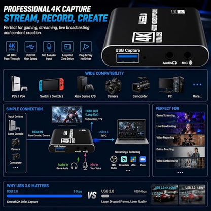 Guermok USB 3.0 HDMI Capture Card, 1080P 60FPS & 2K30 Video Capture Device | 4K HDMI Pass-Through, Mic Input & Audio Output, USB Video Game Capture for OBS Streaming, PS5, Switch 2/1, Xbox1, Camera, PC