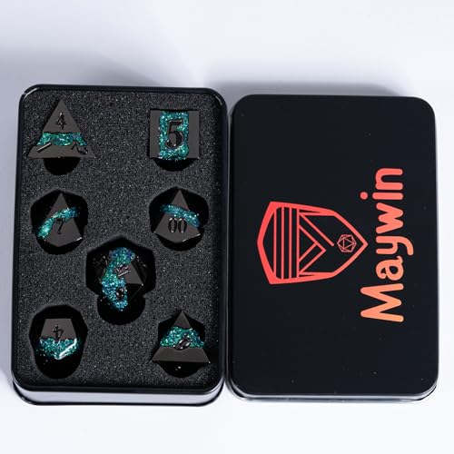 Metal Polyhedral Dice Set, 7PCS RPG Dice with Galaxy Glitter Resin Inlay for Dungeons and Dragons, Pathfinder Tabletop Role Playing Games - color: Black Nickel Dark Green