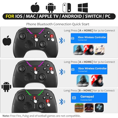 Hall Effect Bluetooth Controller for Switch/PC/iPhone/Android/TV/Steam, Pro Wireless Game Controller Remote Gamepad with Phone Clip with Hall Joystick/Lock Speed/6-Axis Gyro/Dual Motors/Turbo/Macro - color: whole black