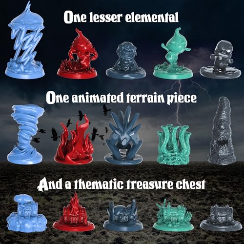 Underdusk Elemental Encounters: 35 DND Miniatures for D&D Campaign – Fire, Ice, Water, Air & Earth Figures with 5 Treasure Chests, 28mm Unpainted Tabletop Minis, 5e Stat Blocks Included