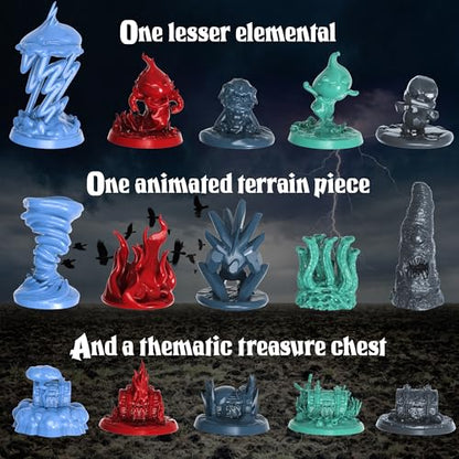 Underdusk Elemental Encounters: 35 DND Miniatures for D&D Campaign – Fire, Ice, Water, Air & Earth Figures with 5 Treasure Chests, 28mm Unpainted Tabletop Minis, 5e Stat Blocks Included