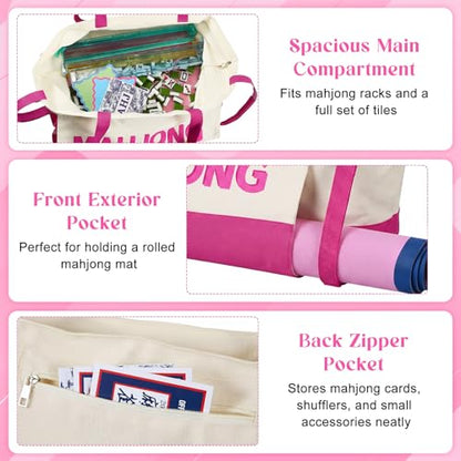 Abbylike 28x9 Inches Mahjong Bag for Rolled Mat Tiles Racks Pushers Accessories Empty Mahjong Tote Bag with Zipper Closure Outer Pockets Lining Large Capacity(Beige&hot Pink,Canvas) - color: Beige&hot Pink