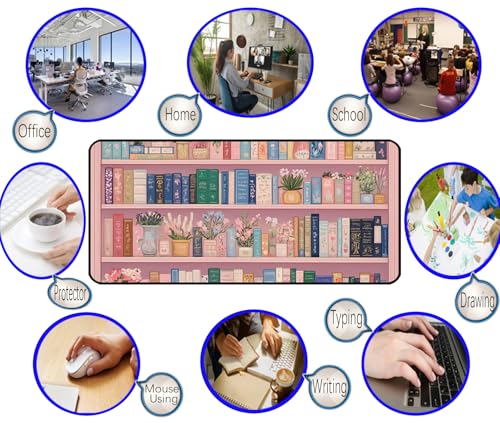 Cute Bookshelf Deskmat, Pink Desk Pad Mousepad XXL, Game Pad, Large Office Desk Keyboard Mat, Anti Slip Rubber Base and Sewn Edge Mouse Mat, Beautiful Reading Space Desktop Decor 31.5"X15.7" - color: Pink Bookshelf
