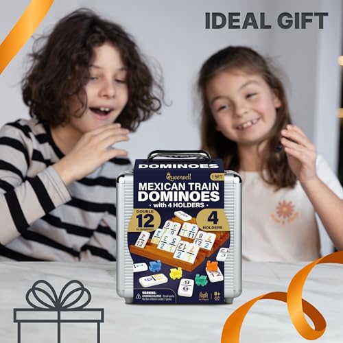 Queensell Mexican Train Dominoes Set with Numbers and 4 Holders - Wooden Hub and Domino Holders - Double 12 with Numbers (D12 Numbers + 4 Holders) - style: D12 Numbers + 4 Holders