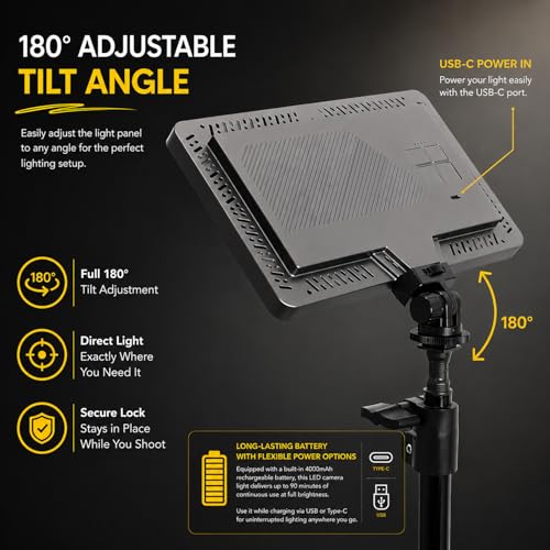 Professional LED Video Light Panel, Compatible with Sony ZV-1F, 240 LEDs, USB-C Rechargeable 4000mAh Battery, Adjustable Brightness & Color Temperature (Recording & Streaming)