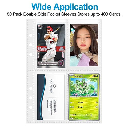 A5 4 Pocket Card Sleeves Binder Refill Pages – 50 Pack Stores 400 Cards – 6 Ring Insert Sheets for Kpop Photocards, Trading Cards, Sports Baseball Card Protector Holder - size: 2.5" x 3.5"