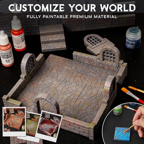 CZYY Magnetic Dungeon Tiles, 58 PCS Modular Terrain Set for RPGs, Basic Set | Double-Sided Texture, Paintable Gray Plastic, Quick Build 3D Battle Maps, Fits 25-32 mm Miniatures, Gift for DM & RPG Player