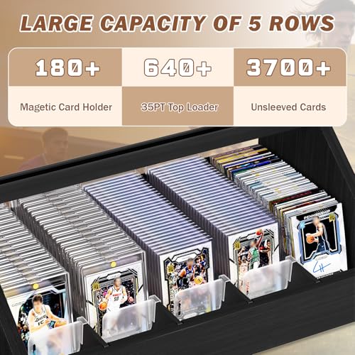 Emfogo Trading Card Display, 3-Tier Card Display Stand with 5-Row Storage, Wooden Graded Card Display with Card Stoppers, Large Capacity Sports Card Display Case for Card Game Collection (Black) - color: Black