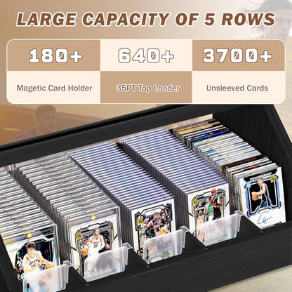 Emfogo Trading Card Display, 3-Tier Card Display Stand with 5-Row Storage, Wooden Graded Card Display with Card Stoppers, Large Capacity Sports Card Display Case for Card Game Collection (Black) - color: Black