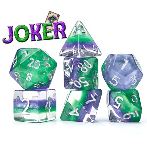 and Dice: Eclipse Dice: Joker - 7pc RPG Set, Purple & Green Swirled in Clear Resin, Batman Villian, Dice for Role Playing Games