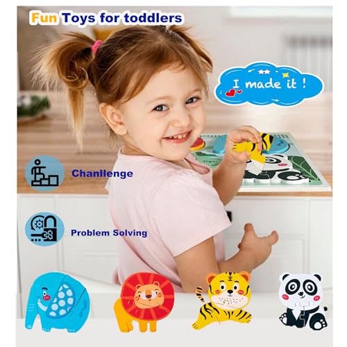 Zoo Safari Animal Toddler Puzzles Ages 2-3, Wooden Puzzles for Toddlers 2-4, Fun Educational Toys for 18-36 Months Baby,Crafted Wood Birthday Gifts for 24+ Month Little Girls Boys - color: Safari Animal