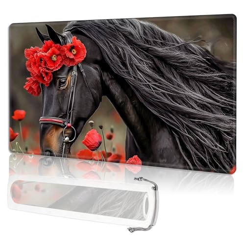 for MTG Playmat TCG Card Game Mat with Stitched Edges,Board Game Mats Non-Slip Waterproof Rubber Base 24 x 14 inch for CCG RPG DTCG Trading Card,Black Horse with Red Poppies - color: Black Horse With Red Poppies