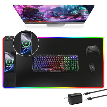 Mouse Pad with Wireless Charging, Large Desk Mat with Adapter, 31.5"x15.7" | RGB Gaming Mousepad with Ultra-Smooth Surface, Non-Slip Rubber Base, Waterproof Computer Keyboard Pad for Gamer, Black - color: Black-rgb(with Charger & Cable)