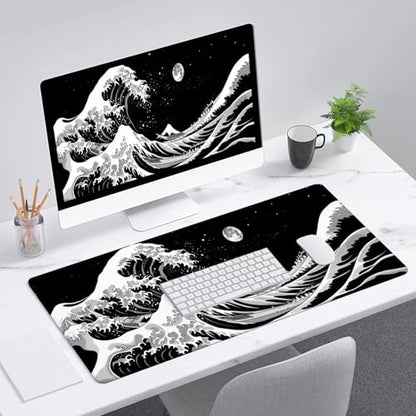 Japanese Sea Wave Anime Desk Mat Black and White Kanagawa XL Mouse Pad Large Mousepad Extended Laptop Keyboard Mat Gaming Desk Pad Mouse Mat 31.5"x11.8" Office Computer Keyboard Laptop Home - color: Japanese Sea Wave Anime_013, size: 11.8" x 31.5"